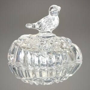 Crystal Clear Glass Bird on Egg Shaped Trinket Box Dish Made In Taiwan